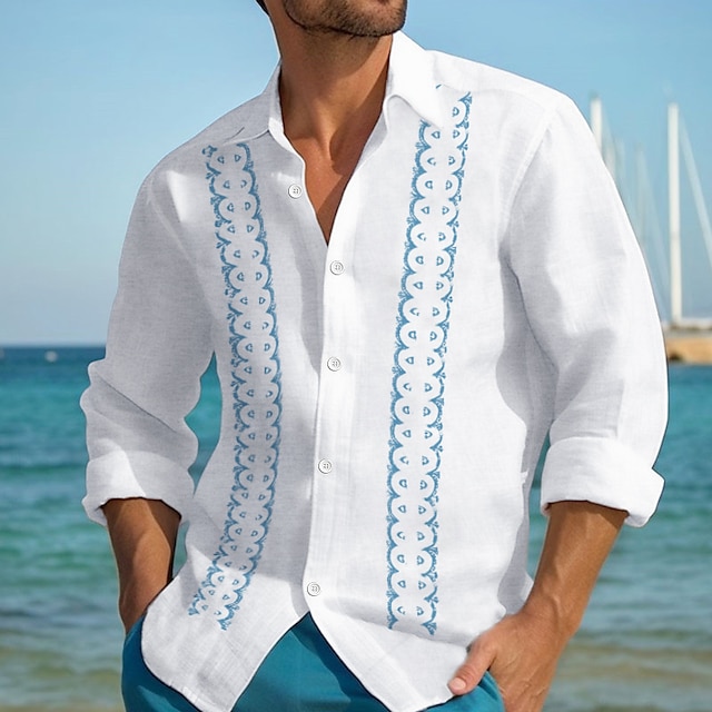  Men's Linen Shirt Casual Shirt Summer Shirt Beach Shirt White Pink Blue Striped Long Sleeve Spring & Summer Lapel Hawaiian Holiday Clothing Apparel Print