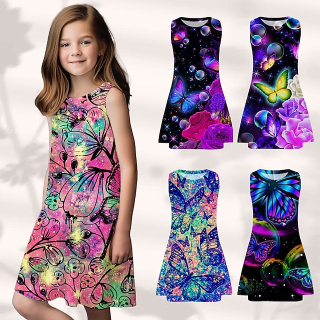  Kids Girls' Dress Floral Butterfly Gradient Sleeveless Outdoor Casual Fashion Cute Daily Polyester Above Knee Casual Dress A Line Dress Tank Dress Summer Spring 3-12 Years Yellow Pink Royal Blue