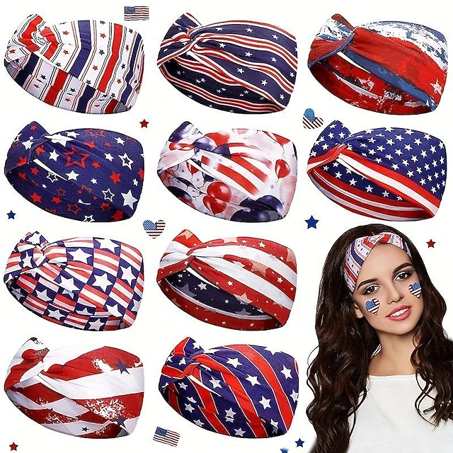 Retro USA Flag Print Sports Headband Knotted Sweat Absorbing Elastic Hair Band American Flag Independence Day for Women's Fitness Workouts 25