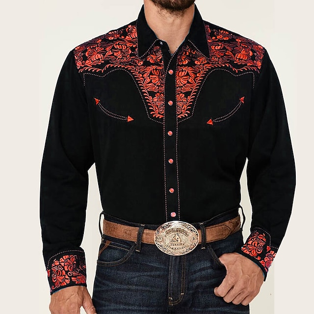 Men's Shirt Western Shirt Floral Graphic Prints Turndown Red Blue ...