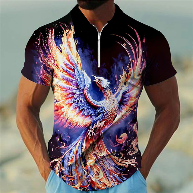 Men's Phoenix Zip Polo Shirts Golf Shirt Short Sleeve Polo Shirts Collared Shirts Casual Funny Streetwear Vacation Wear Party Outfits 3D Print Quarter Zip Polo Yellow Blue Purple4