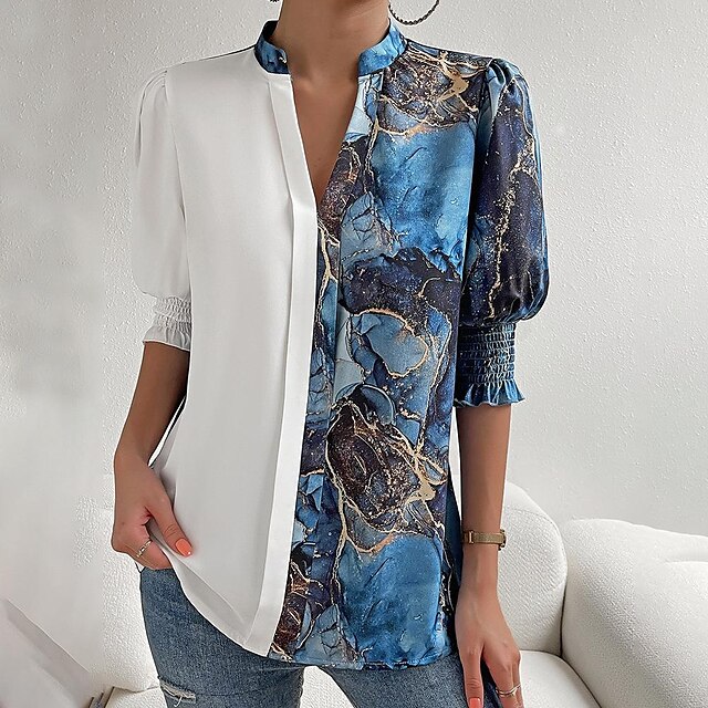  Women's Shirt Blouse Blue Print Graphic Casual Short Sleeve V Neck Basic Regular S