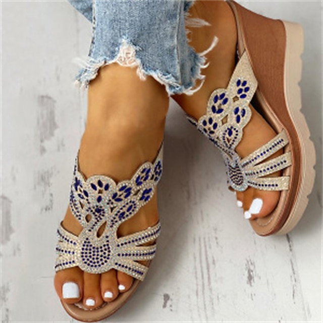  Women's Wedge Sandals Platform Sandals Plus Size Daily Summer Rhinestone Open Toe Casual Blue Gold