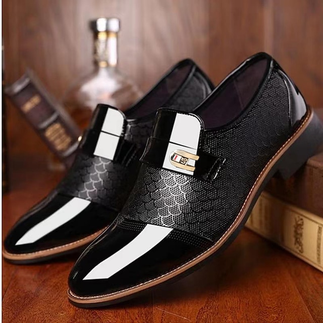  Men’s Black Patent Faux Leather Loafers with Textured Scale Pattern and Metal Buckle, Elegant Slip-On Dress Shoes for Weddings, Business and Formal Events