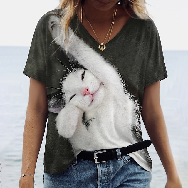  Women's T shirt Tee Gray Print Cat 3D Daily Weekend Short Sleeve V Neck Basic Regular 3D Cat Painting S