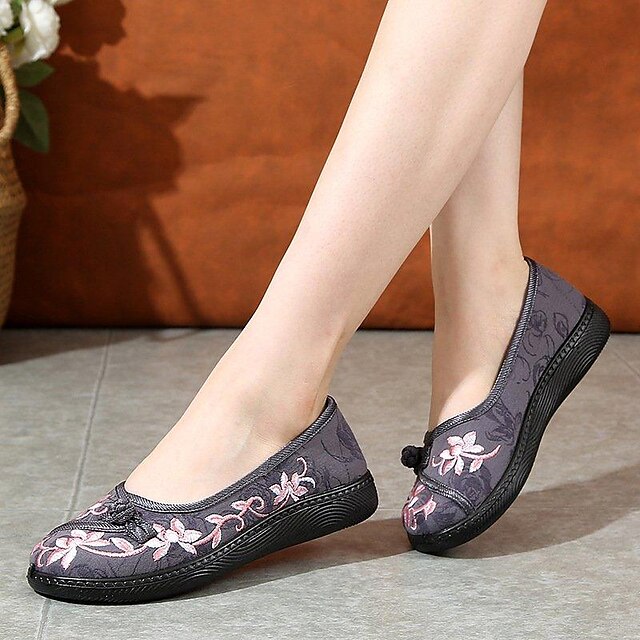  Women's Flats Slip-Ons Outdoor Daily Comfort Shoes Summer Embroidery Round Toe Flat Heel Vintage Elegant Casual Loafer Canvas Floral Black Pink Red