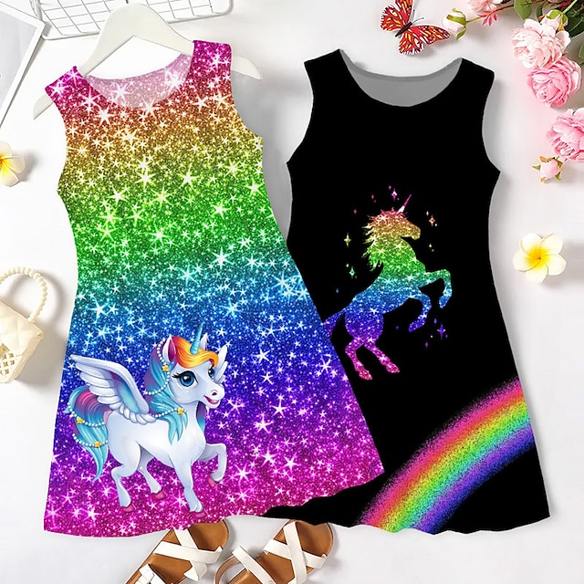  Girls' Casual Dress A Line Dress Tank Dress Graphic Rainbow Unicorn Sleeveless 3D Printed Graphic Dresses Above Knee Cute Casual Sweet Dress Polyester Summer Spring Kids Regular Fit Sports & Outdoor
