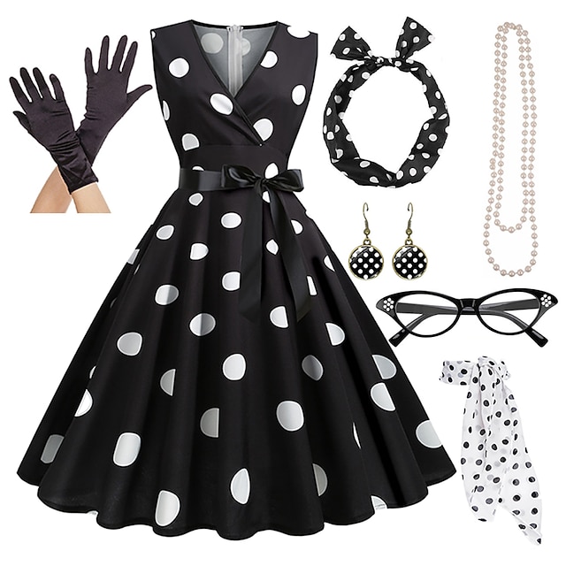 női a-line rockabilly ruha pöttyös lengő ruha flare ruha kiegészítőkkel ...