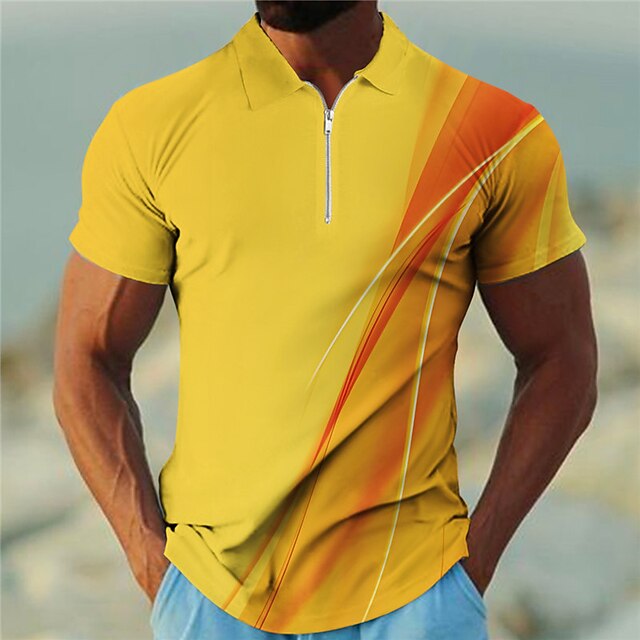  Men's Zip Polo Lapel Polo Polo Shirt Golf Shirt Gradient Graphic Prints Geometry Linear Turndown Yellow Blue Outdoor Street Short Sleeves Zipper Print Clothing Apparel Fashion Designer Casual