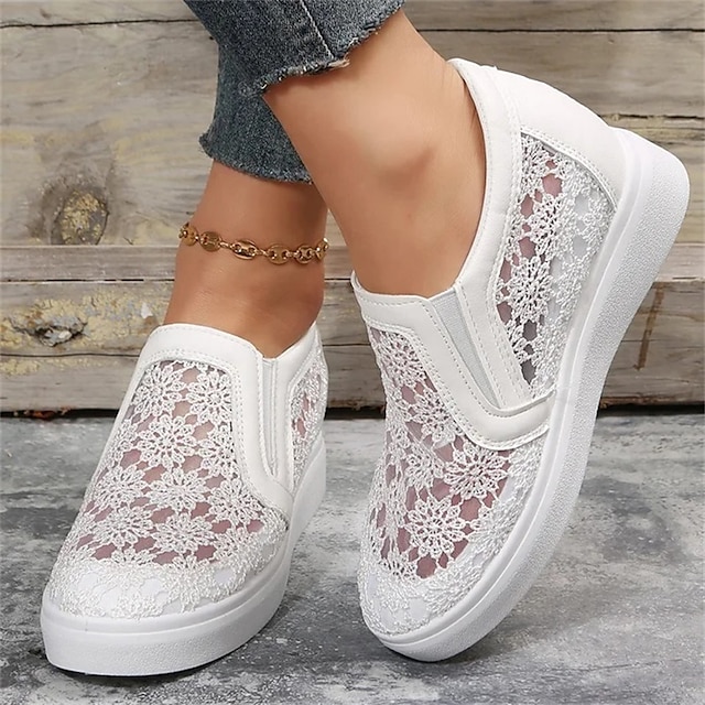  Pentru femei Adidași Slip-On-uri Pantofi Augmentare Înălțime Pantofi albi Pantofi de confort În aer liber Zilnic Culoare solidă Floral Vară Toc Platformă Vârf rotund Elegant Casual minimalism Plimbare