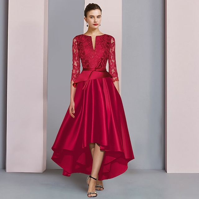  Robe de Mère de la Mariée A-Ligne Invité de Mariage Formelle Élégant Fête Haute Basse Col Échancré Asymétrique Longueur Thé Satin Dentelle Manche 3/4 avec Noeud(s) Plis taille sur mesure gratuite
