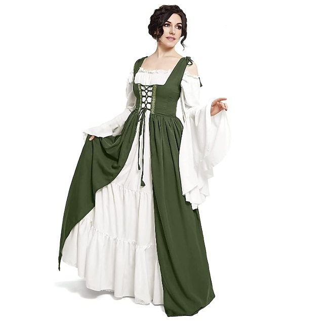 Damen Renaissance Kleid Mit Gesmokter Taille - Mittelalter Kleid Glockenärmel