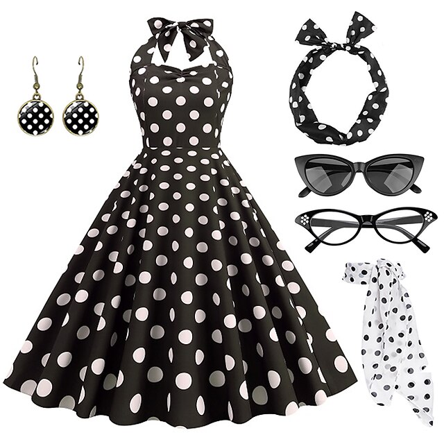 Women's A-Line Rockabilly Dress Polka Dots Halter Swing Dress Flare ...