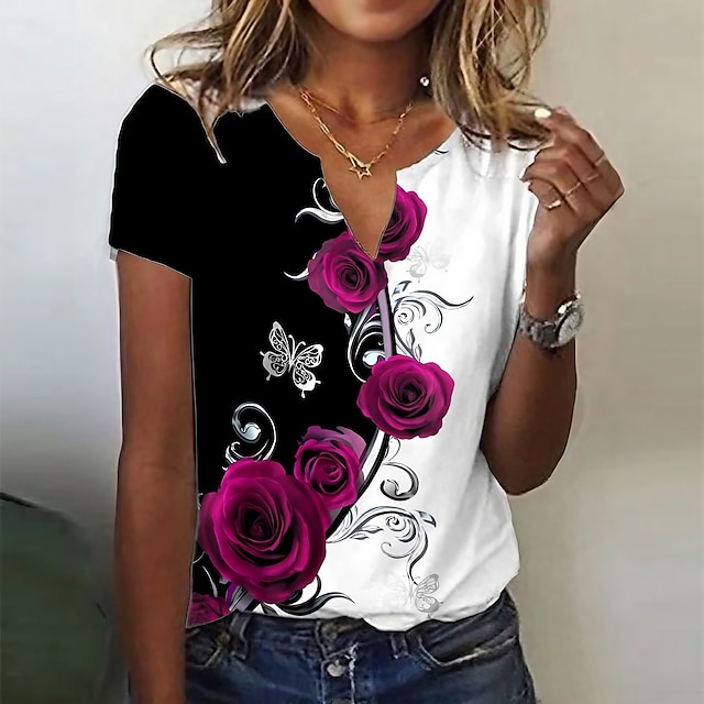  Women's T shirt Tee Yellow Blue Fuchsia Print Floral Holiday Weekend Short Sleeve V Neck Basic Regular Floral Painting S
