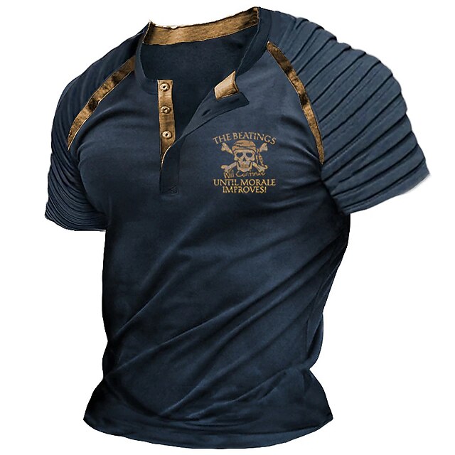 Men's Halloween Skull Graphic Prints Pirate Henley Shirt Raglan T Shirt Short Sleeve Fashion Designer Casual Outdoor Vacation Daily Summer Navy Blue Brown Green Henley Henley T-Shirt4