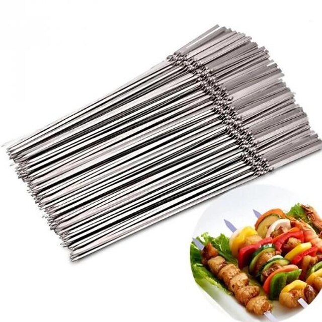  50pcs Stainless Steel Barbecue Skewer Reusable BBQ Skewers Kebab Iron Stick For Outdoor Camping Picnic Tools Cooking Tools BBQ Grill Accessories Gadgets