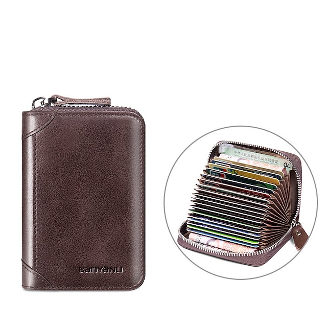  Large Capacity 20 Card Slots High Quality VIP ID Bank Credit Card Holder Zipper Wallet Women and Men Card Case Slim Genuine Leather Cowhide RFID Anti-theft Brush Organ Cards Bag Purse