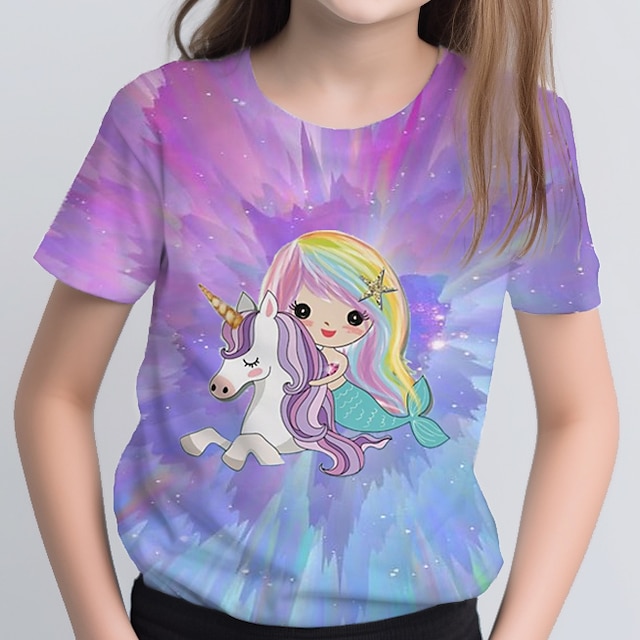  子供 女の子 Tシャツ グラフィック アウトドア 3Dプリント 半袖 クルーネック 活発的 7-13歳 夏 ブルー パープル