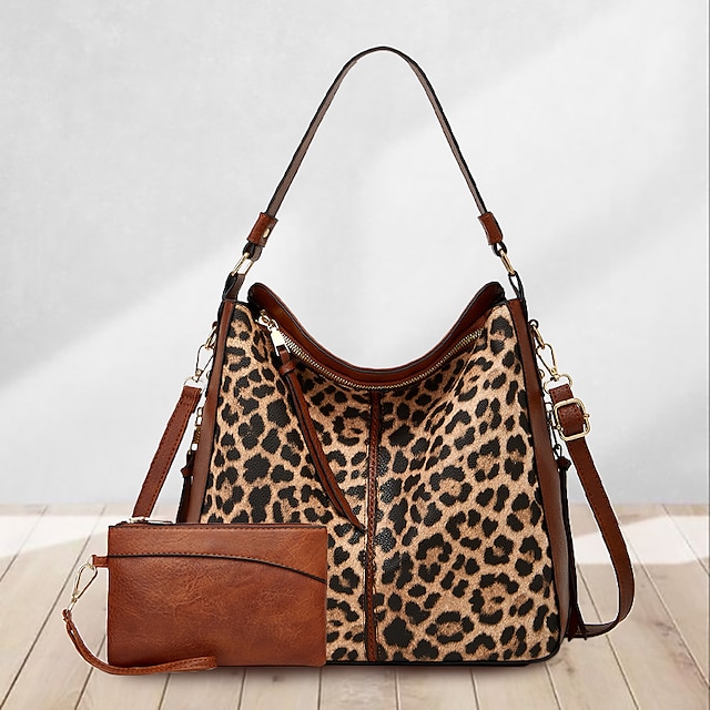  Női Kézitáska Crossbody táska vödör táskák PU bőr Bevásárlás Napi Cipzár Nagy kapacitás Tehénnyomtatás Leopard Brown Tejmintás barna kétrészes szett Leopárdbarna kétrészes készlet