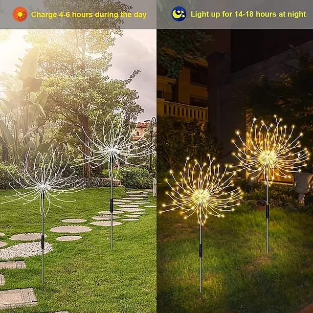 Fireworks Solar Lights Outdoor Pathway Lights Solar Powered Starburst Fairy Lights Waterproof 8 Lighting Modes with Remote Control For Patio Decorative Landscape 90/120/150/180/200 LEDs