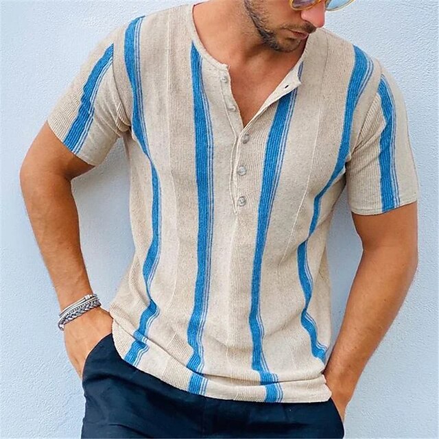  Men's Henley Shirt Tee Top Henley Striped Street Vacation Short Sleeves Clothing Apparel Fashion Designer Basic