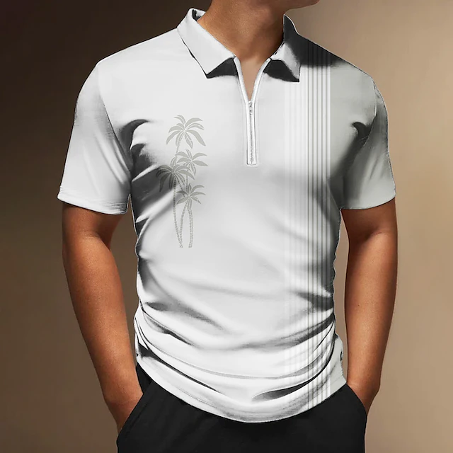 Men's Zip Polo Polo Shirt Golf Shirt Coconut Tree Striped Graphic ...