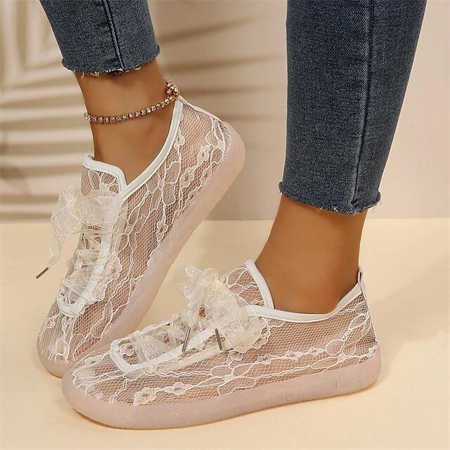  Women's Flats Outdoor Daily Comfort Shoes Summer Lace Round Toe Flat Heel Walking Shoes Elegant Casual Minimalism Lace-up Mesh Solid Color Black Beige