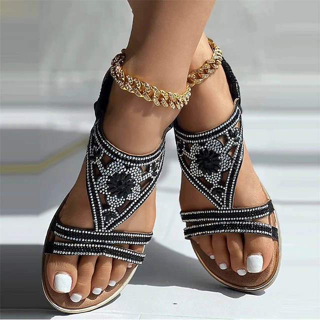 Women's Bohemian Rhinestone Sandals – Vintage Glam Beaded Flat Sandals with Hollow Floral Design for Beach & Summer Wear 11