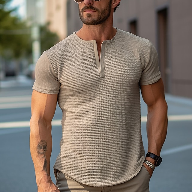  Men's T shirt Tee Waffle Shirt Tee Top V Neck Plain Street Vacation Short Sleeves Clothing Apparel Fashion Designer Basic