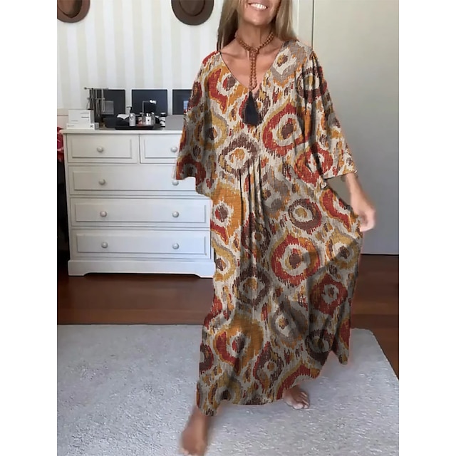  Women's Casual Dress Print Dress Spring Dress Long Dress Maxi Dress Classic Casual Graphic Tie Dye Print Outdoor Daily Holiday V Neck 3/4 Length Sleeve Dress Loose Fit Orange Summer Spring S M L XL