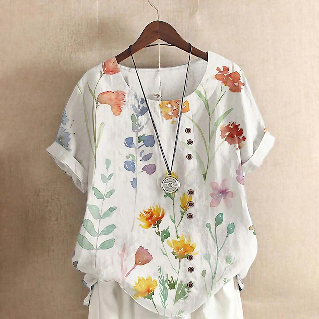 Women's Shirt Blouse Floral Basic Short Sleeve Round Neck Regular Tops Casual Holiday Linen Like Buttons Print Yellow Purple Green4