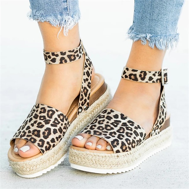  Women's Leopard Print Espadrille Platform Sandals with Ankle Strap, Trendy Open Toe Summer Shoes for Vacation, Beach, and Casual Outfits