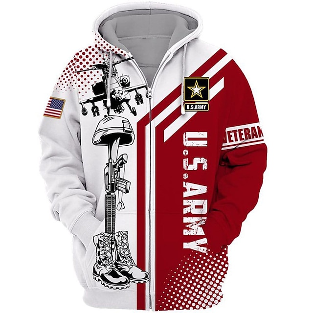  Men's Full Zip Hoodie Jacket Red Hooded Color Block Graphic Prints National Flag Print Zipper Sports & Outdoor Daily Sports 3D Print Streetwear Designer Casual Spring &  Fall Clothing Apparel Hoodies