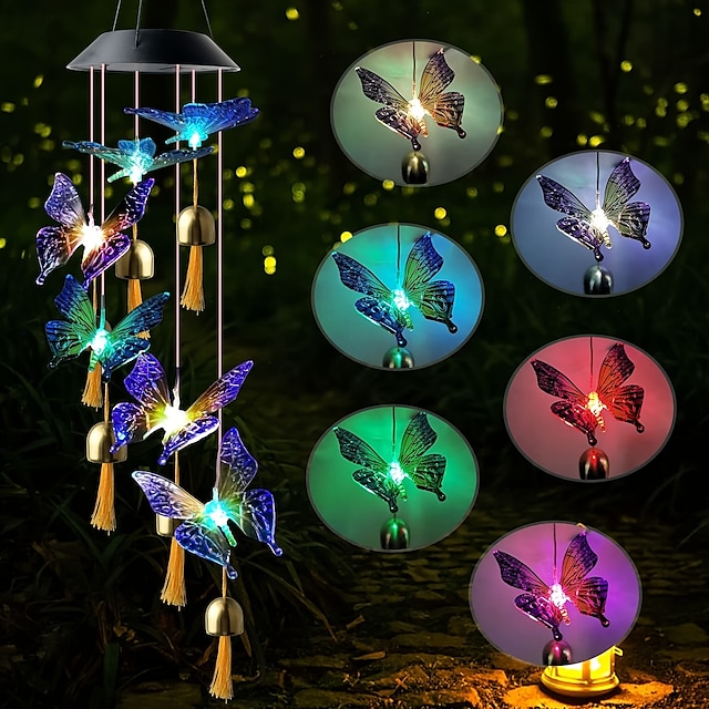  Solar Wind Chimes Bell Dragonfly LED Lights Outdoor Waterproof Auto Light Color-Changing Solar Powered Hanging Lights for Courtyard Garden Patio Festival Decoration