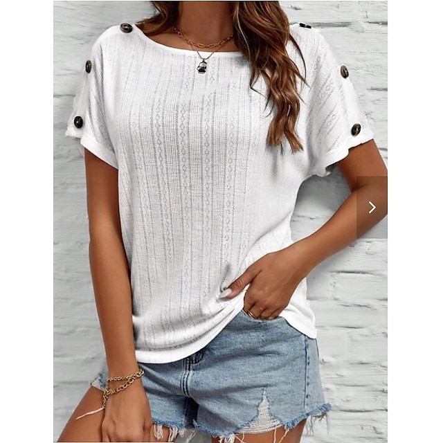  Women's T shirt Tee Blouse White Plain Casual Short Sleeve Round Neck Basic Regular S