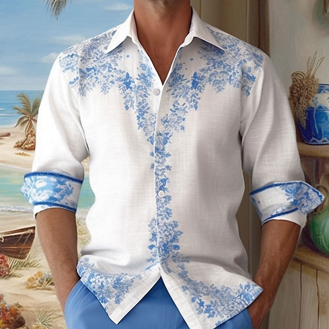 Men's Shirt Linen Shirt Floral Graphic Prints Turndown Yellow Red Blue ...