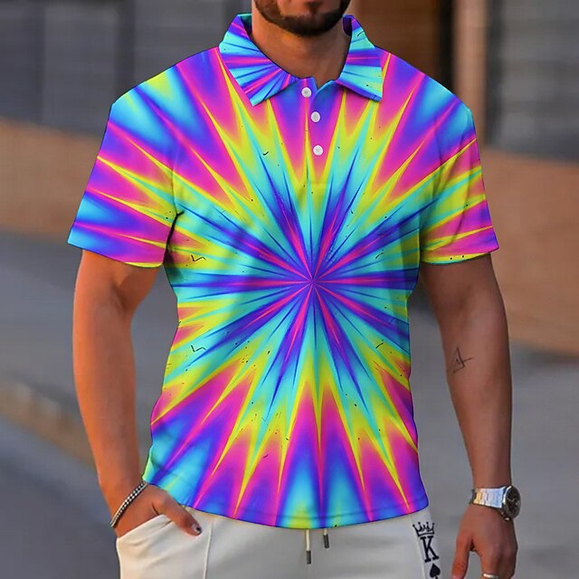 Men's Graphic Neon Polo Shirts Golf Shirt Short Sleeve Polo Shirts Collared Shirts Casual Vacation Wear Rave Wear Party Outfits Buttons 3D Print Yellow Blue Purple4