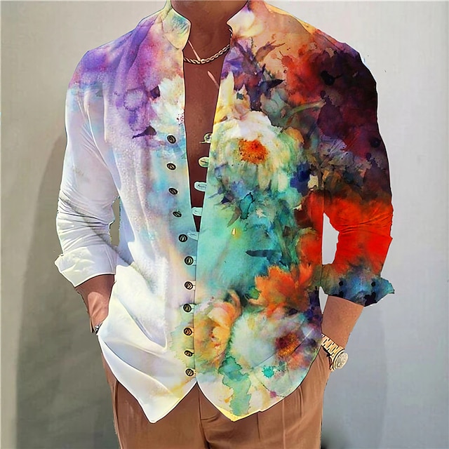  Men's Casual Floral Print Stand Collar Shirt