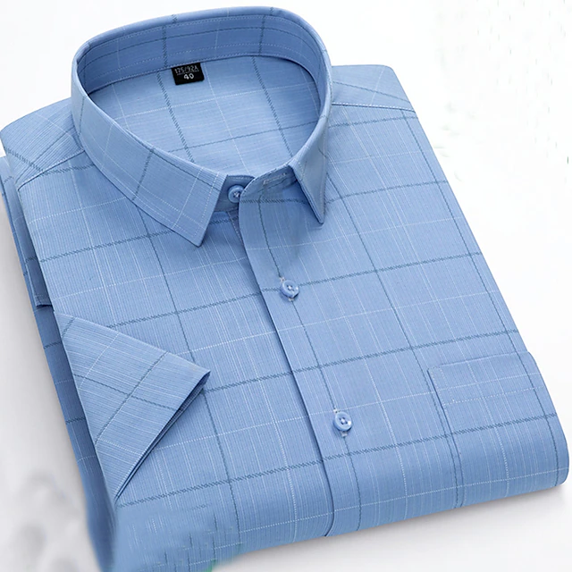 Men's Dress Shirt Non Iron Shirt Stripes and Plaid Wedding Office & Career Light Blue Light Green Pink Navy Blue Short Sleeve Turndown All Seasons Clothing Apparel 13