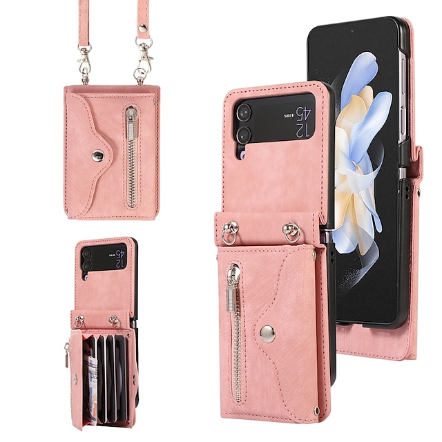  Phone Case For Samsung Galaxy Z Flip 5 Z Flip 4 Z Flip 3 Handbag Purse Wallet Case Flip Zipper with Removable Cross Body Strap Solid Colored PC PU Leather