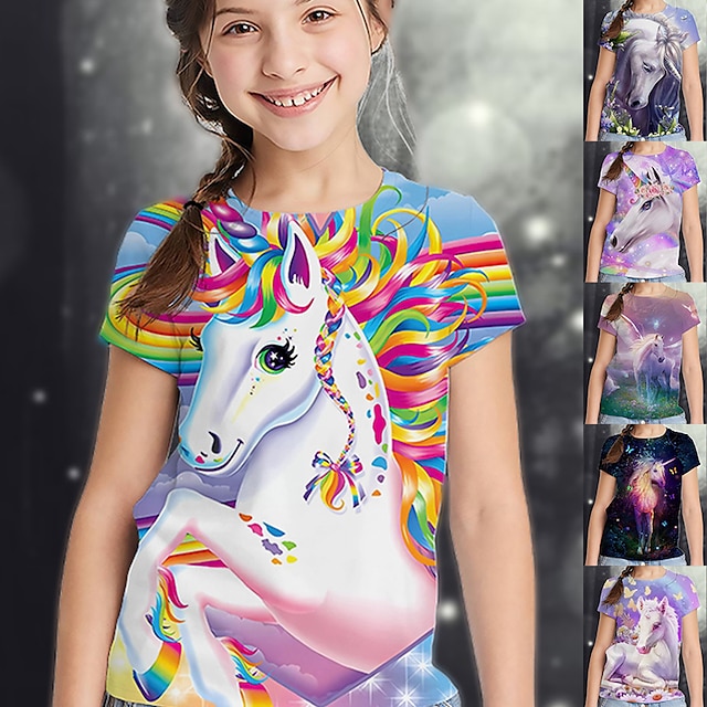  Kids Girls' T shirt Tee Short Sleeve Horse Unicorn Rainbow 3D Print Graphic Animal Print Rainbow Children Tops Summer Active Cute Causal 2-13 Years