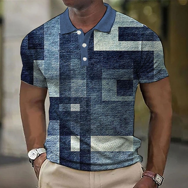  Men's Waffle Polo Shirt Button Up Polos Lapel Polo Polo Shirt Golf Shirt Turndown Color Block Graphic Prints Geometry Blue-Green Wine Blue Purple Brown Outdoor Street Print Short Sleeve Clothing