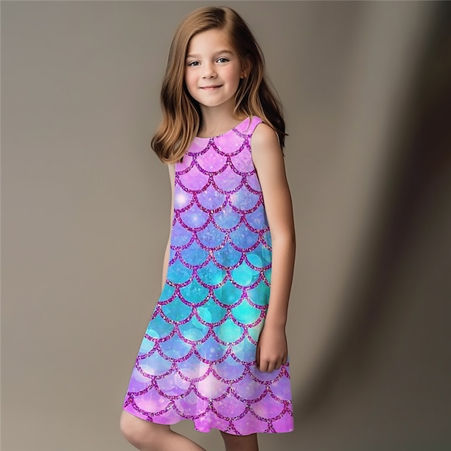  Kids Girls' Dress Graphic Mermaid Sleeveless Outdoor Casual Fashion Cute Daily Polyester Above Knee Casual Dress A Line Dress Tank Dress Summer Spring 3-12 Years Yellow Purple