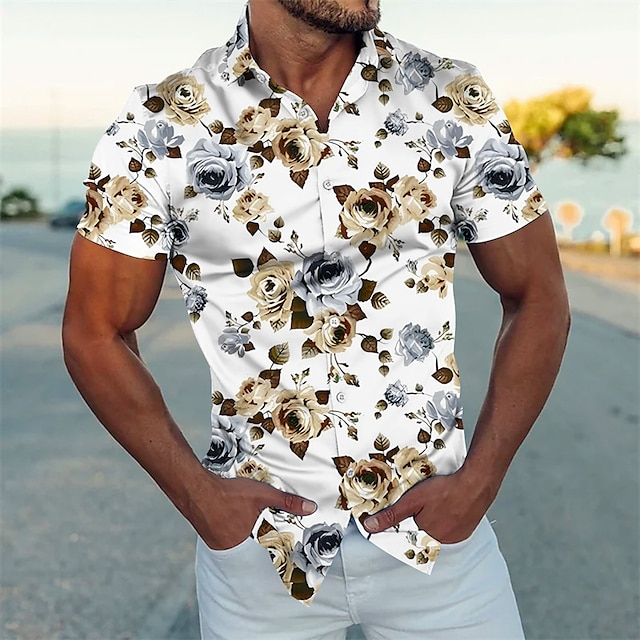 White Shirt With Roses Mens Graphic Floral Prints Turndown Black Navy ...