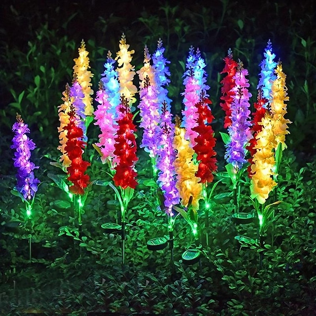  אורות סולאריים גינה חיצונית עיצוב גינה אורות סגולים באמצעות אנרגיה סולארית יתד פרח עמיד למים אורות פרחים סולאריים לגן מסדרון חצר דשא פטיו מסלול מרפסת בריכה חתונה דקורטיבי