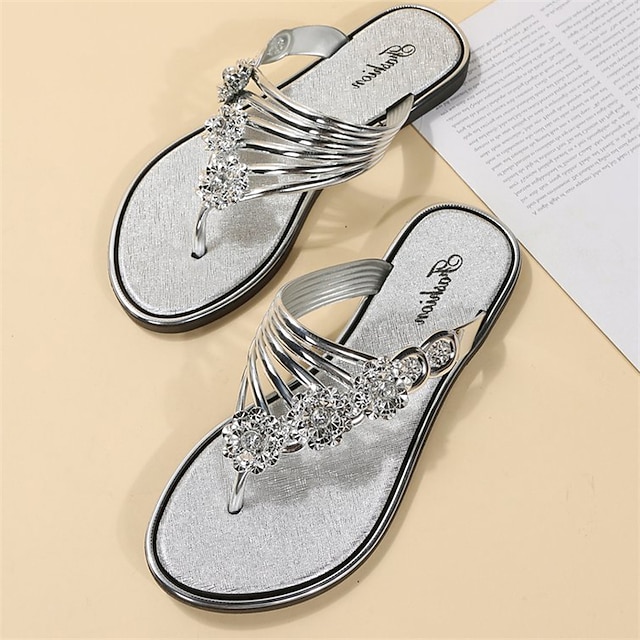  rhinestone-utsmykkede gull slip-on sandaler, stilige flate sommersko for strand-, fritids- og ferieklær