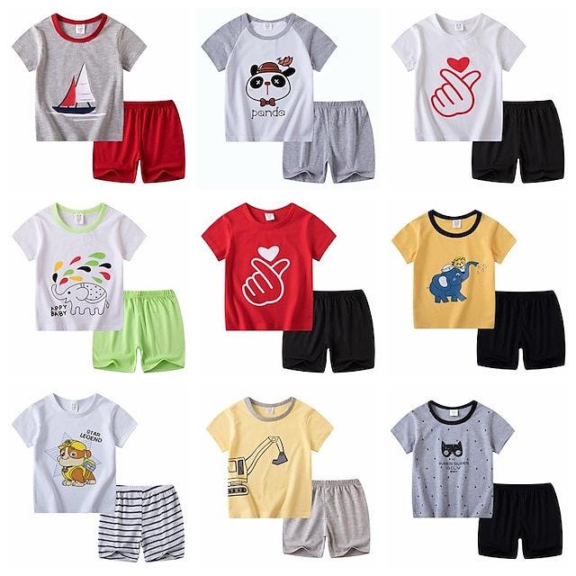 2 Dele Baby Drenge T-shirt & Shorts Outfit Tegneserie Kortærmet Bomuld Sæt Skole Yndig Daglig Sommer Forår 3-7 år
