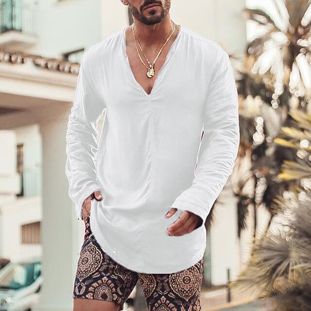 Men's Shirt Linen Shirt Summer Shirt Beach Wear Casual Shirt Plain Vacation Curise Black White Light Blue Long Sleeve V Neck Spring & Summer Clothing Apparel4