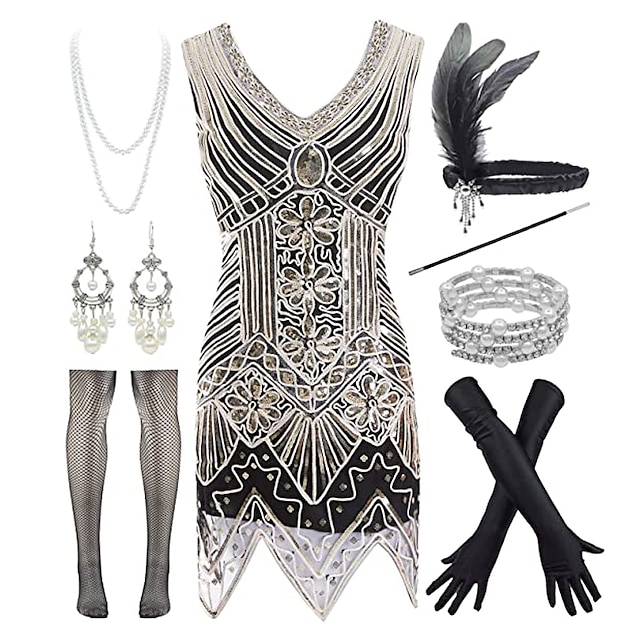  Retro / vintage De livlige 20-årene 1920-tallet Flapper kjole Kjoler Drakter Den store Gatsby Bryllupsgjest Paljetter Dame Fest / aften Maskerade Bryllupsmottagelse Voksne Kjole Hansker Strømper Vår