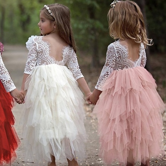 Kids Little Girls' Pink Party Princess Flower Lace Scalloped Tulle Back ...